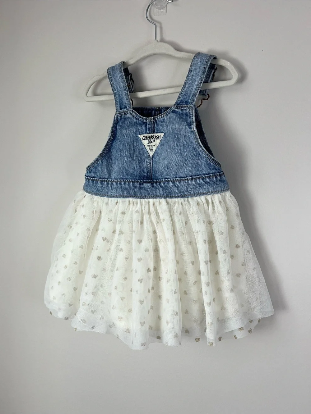 OshKosh B'gosh Girl 24M Light Blue Denim Overall Dress Jumper Tulle Heart Skirt